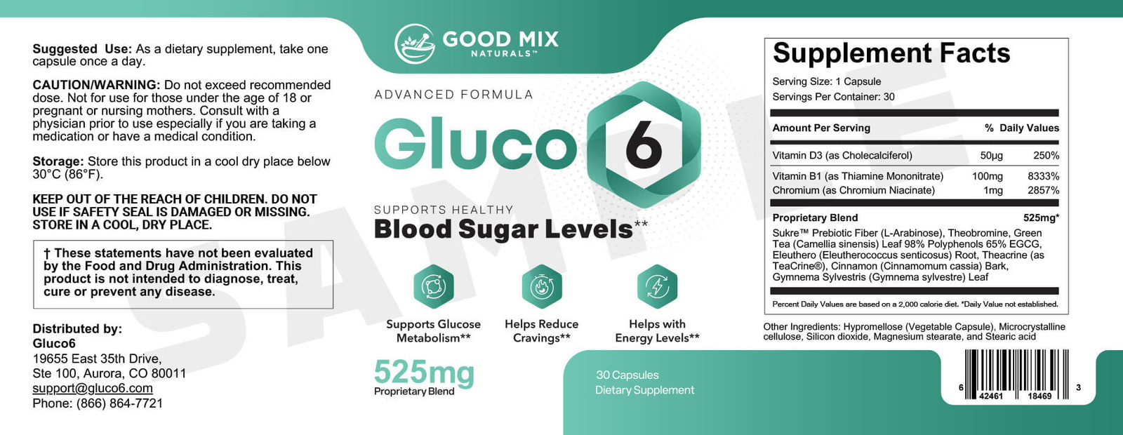 Gluco6 Supplement Label — Sukre Sugar Secret Formula
